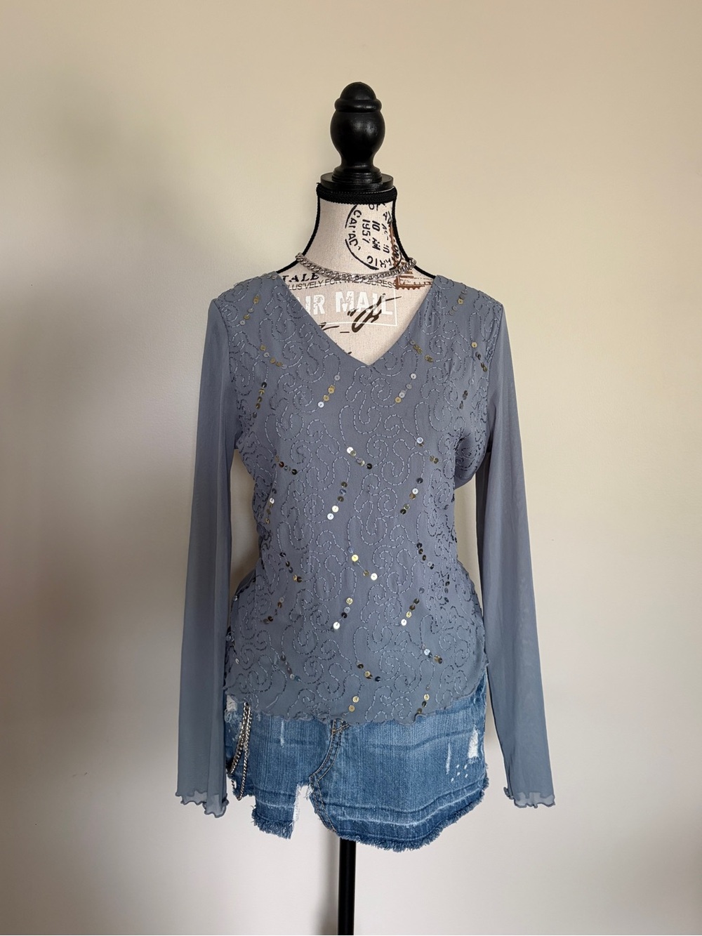 Y2K Blue Grey Lace Sequin Mesh Long Sleeve Top Suzy Shier Fairy Whimsigoth